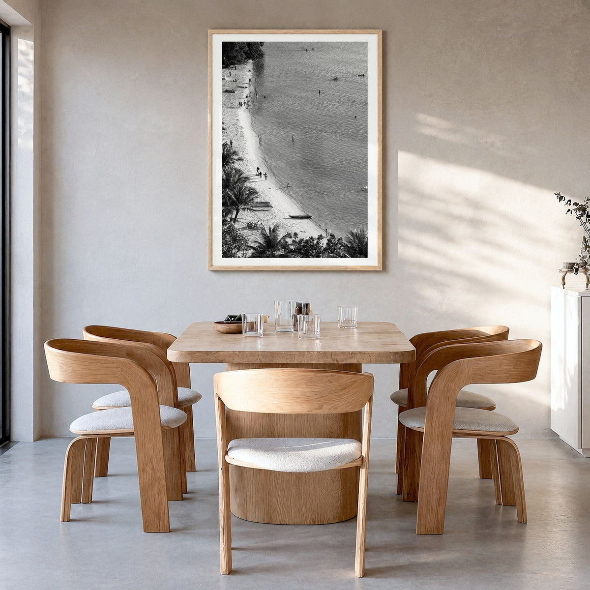 Guam Photo No 1 Poster in a natural wood frame, hanging in a dining room, white border