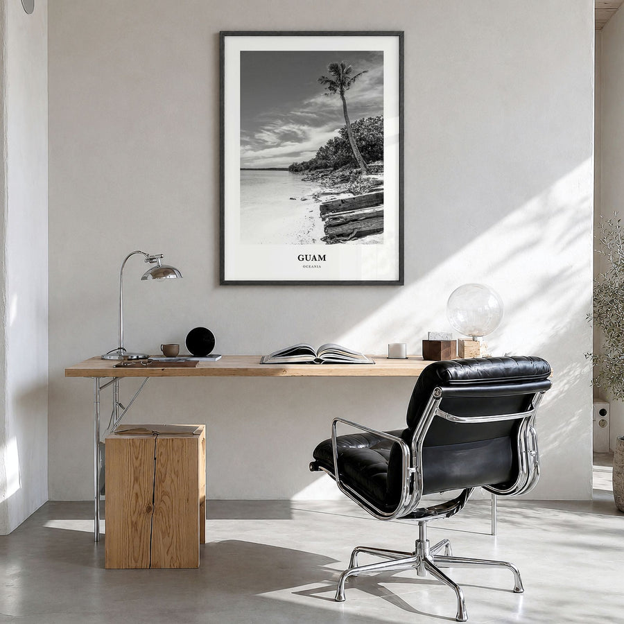 Guam Classic Poster in a black wood frame, hanging in a bright home office