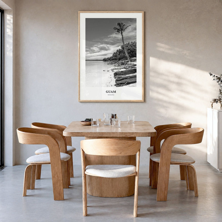 Guam Classic Poster in a natural wood frame, hanging in a dining room