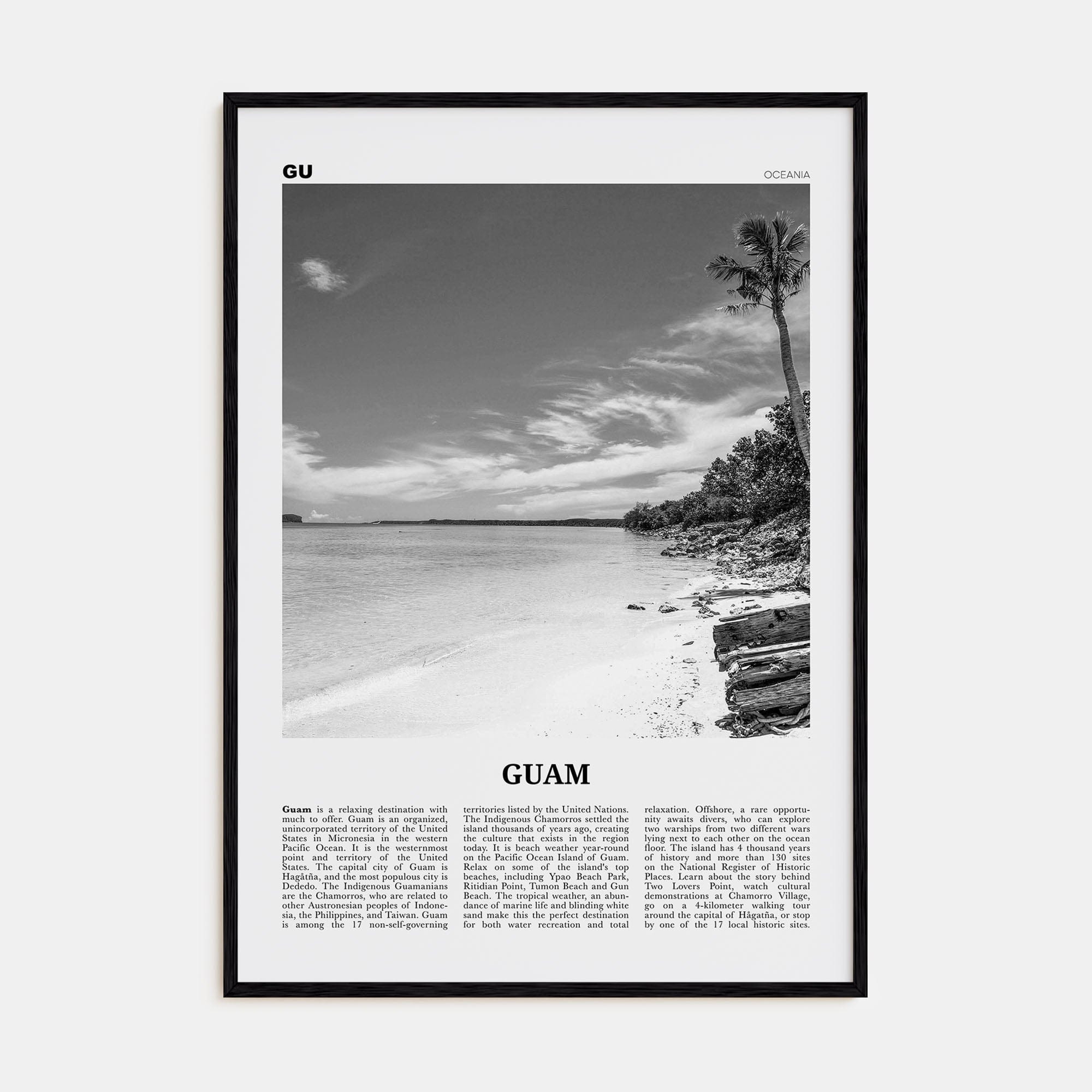 Guam Poster Black Wood / 8x12 in Nbourhood Travel B&W Poster