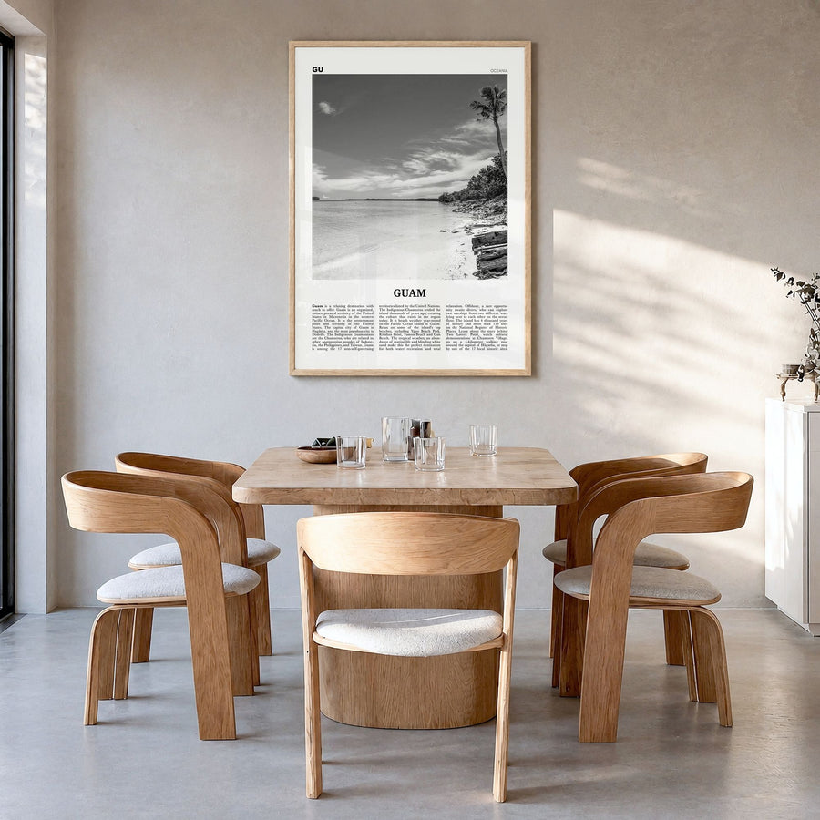 Guam Newspaper Poster in a natural wood frame, hanging in a dining room