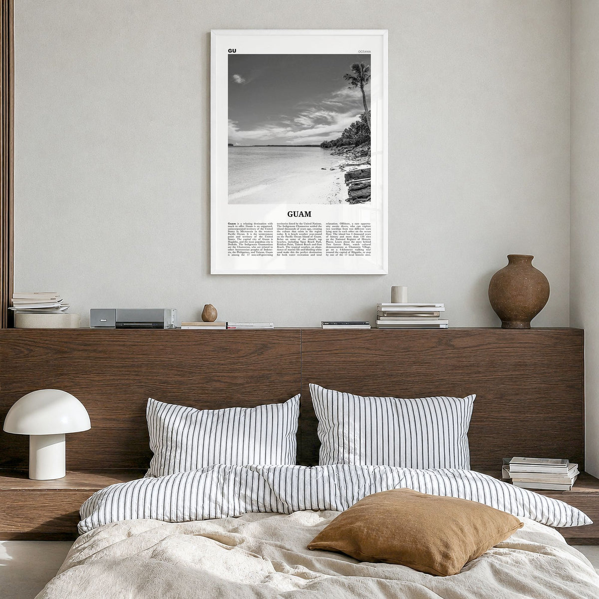 Guam Newspaper Poster in a white wood frame, hanging in a bedroom