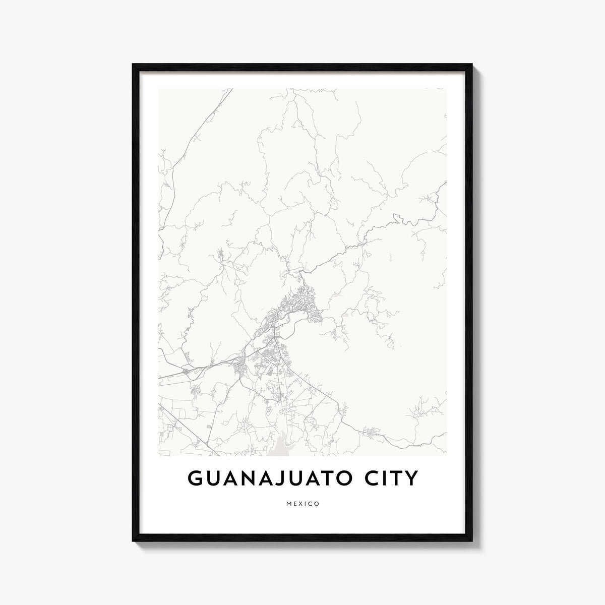 Guanajuato City black & white map poster of Mexico – vertical wall art, unframed print shown in interior mockup