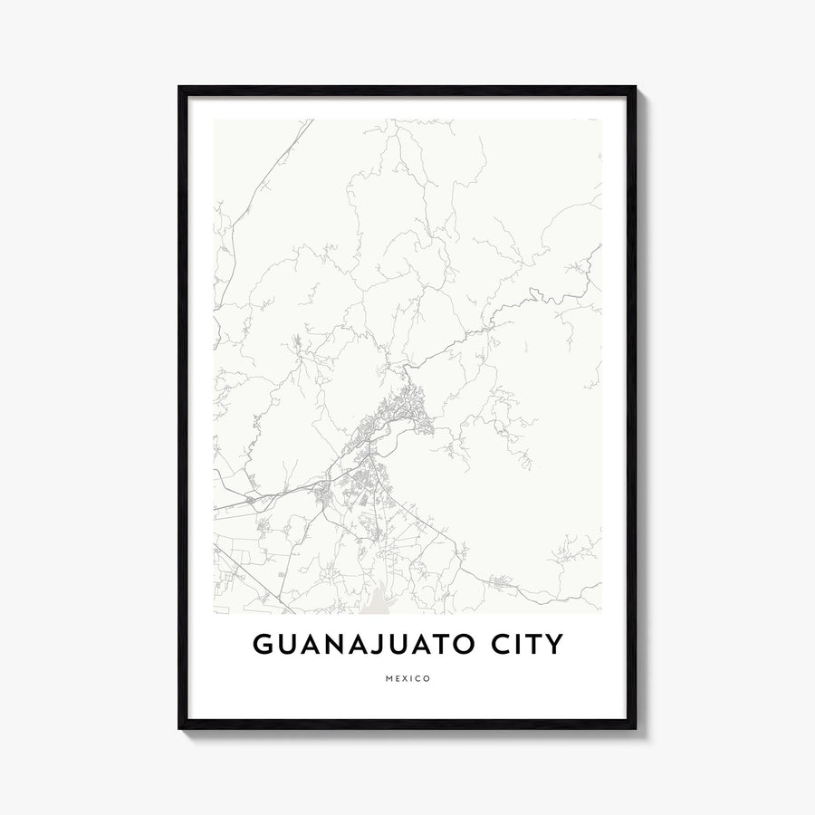 Guanajuato City black & white map poster of Mexico – vertical wall art, unframed print shown in interior mockup