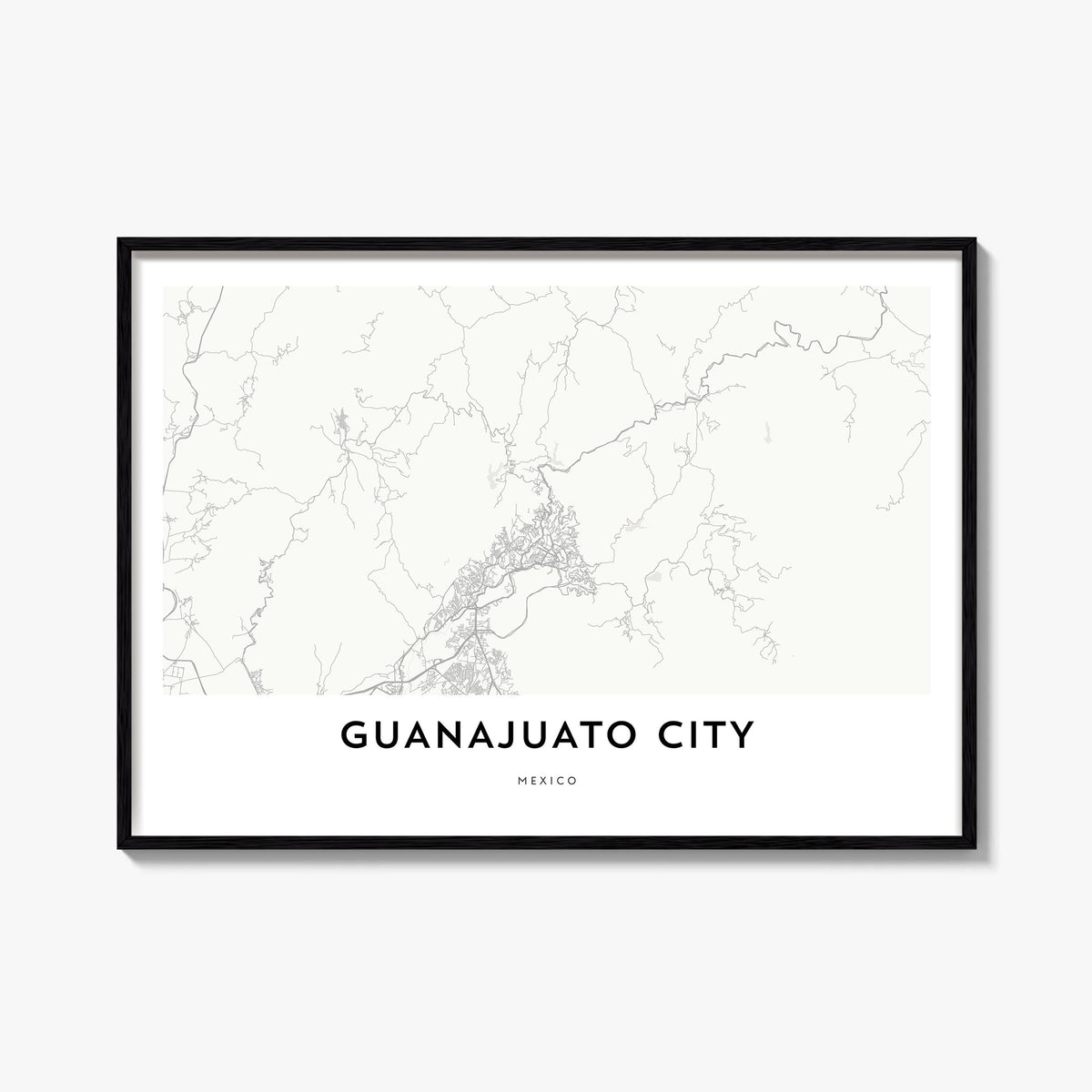 Guanajuato City black & white map poster of Mexico – horizontal wall art, unframed print shown in interior mockup