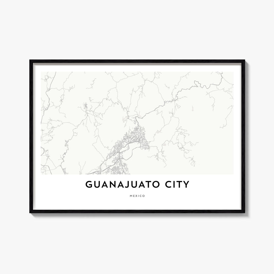 Guanajuato City black & white map poster of Mexico – horizontal wall art, unframed print shown in interior mockup