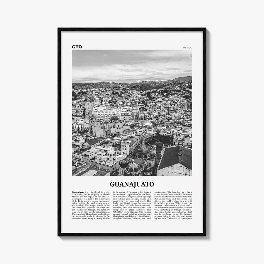 Guanajuato City black & white newspaper poster of Mexico – vertical wall art, unframed print shown in interior mockup