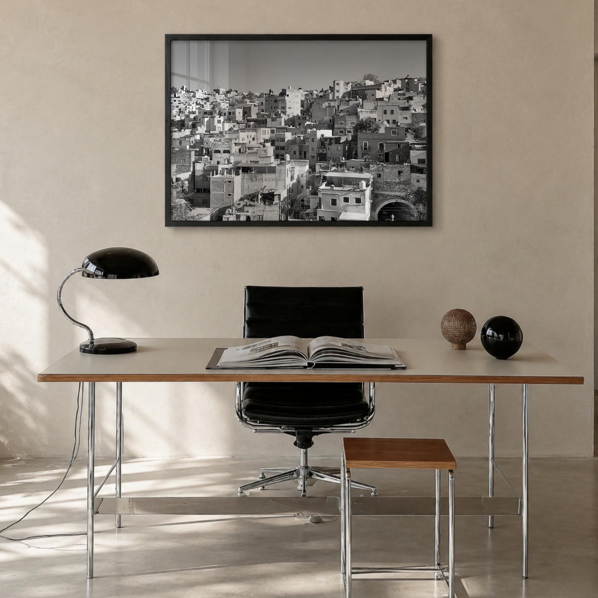 Guanajuato City black & white photo poster of Mexico – horizontal wall art in black wood frame, hanging on wall