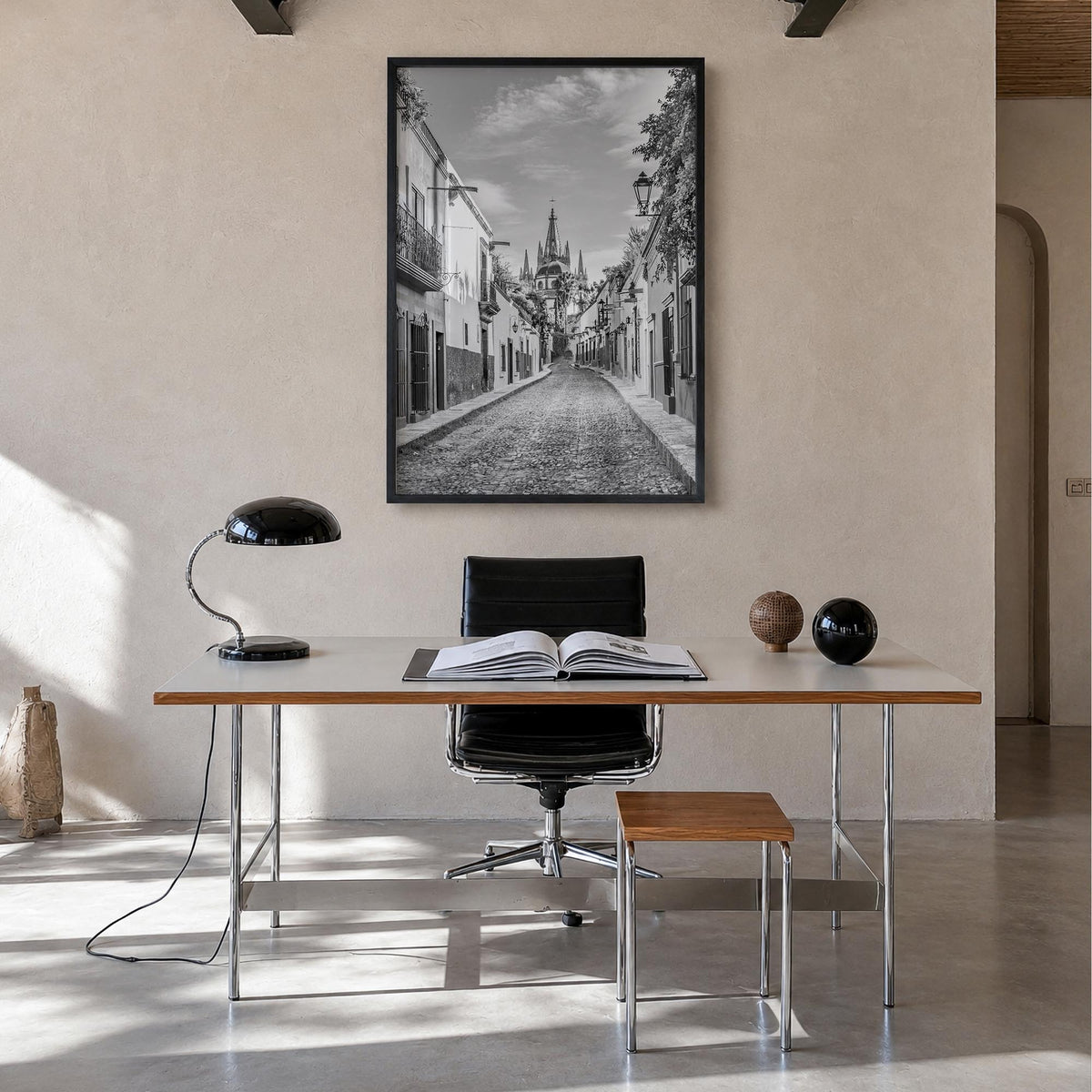Guanajuato City black & white photo poster of Mexico – vertical wall art in black wood frame, hanging on wall