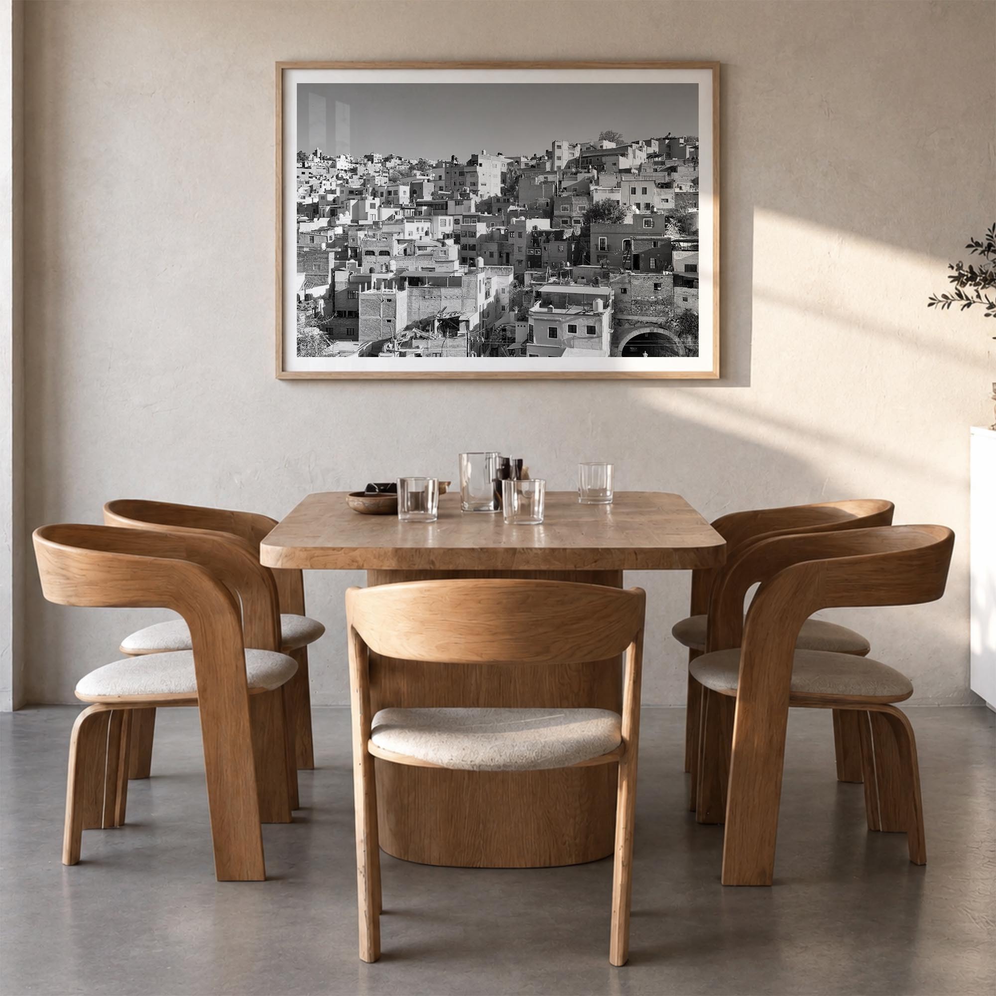 Guanajuato City black & white photo poster of Mexico – horizontal wall art in natural wood frame with white border, hanging o