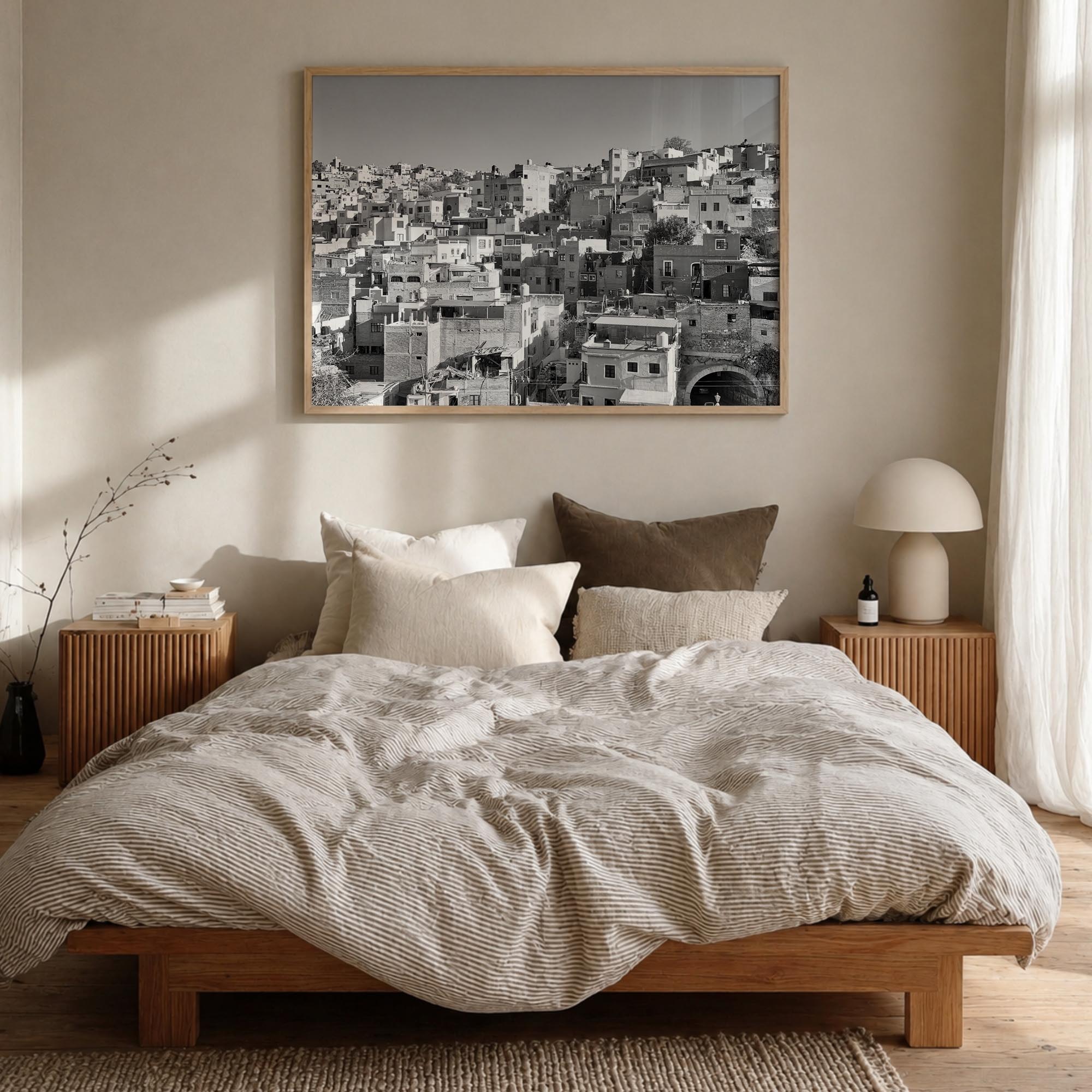 Guanajuato City black & white photo poster of Mexico – horizontal wall art in natural wood frame, hanging on wall