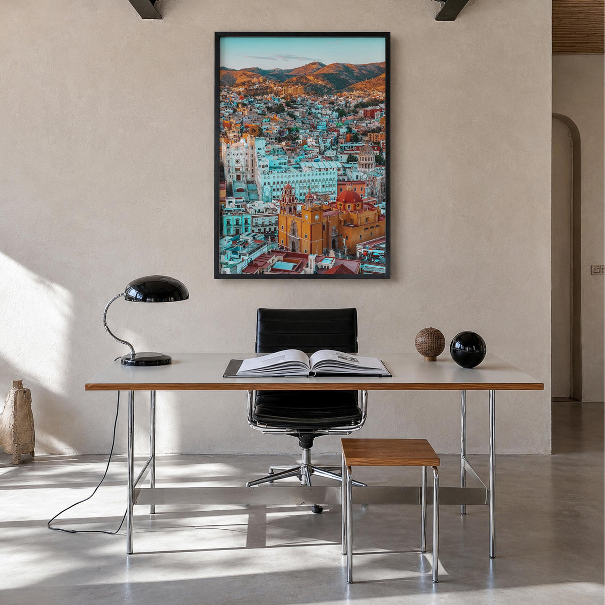 Guanajuato City colorful photo poster of Mexico – vertical wall art in black wood frame, hanging on wall