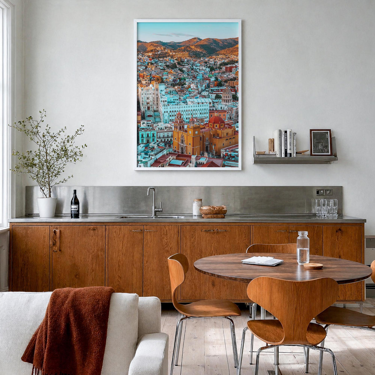 Guanajuato City colorful photo poster of Mexico – vertical wall art in white wood frame, hanging on wall