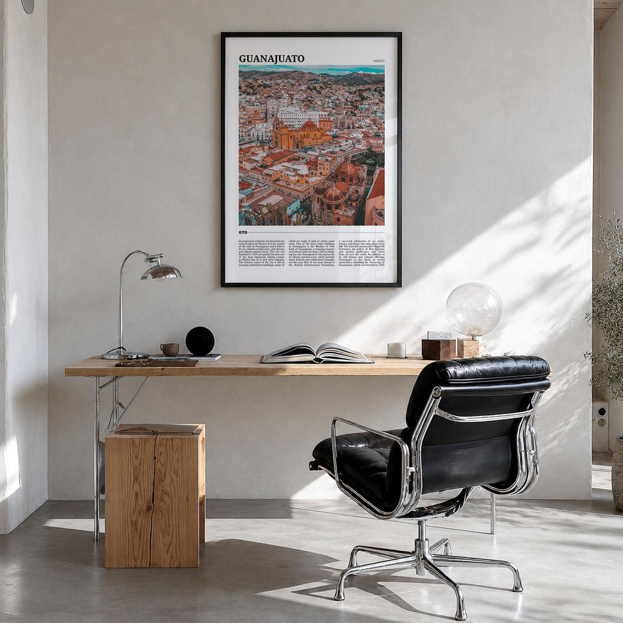 Guanajuato City colorful travel poster of Mexico – vertical wall art in black wood frame, hanging on wall