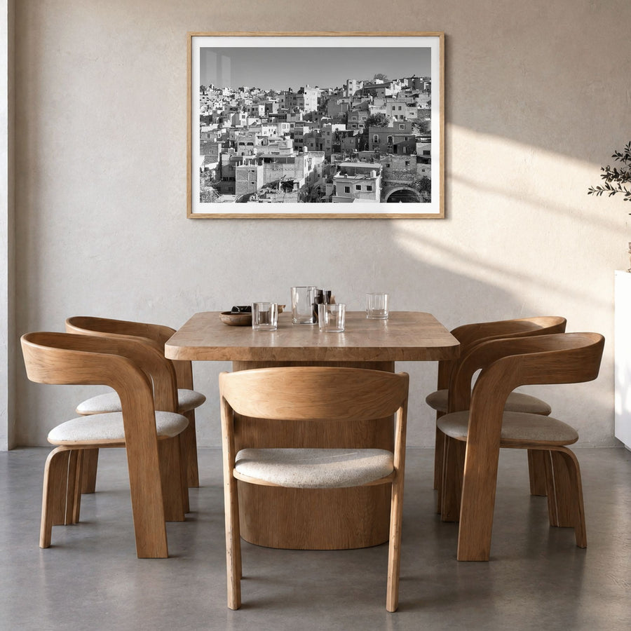 Guanajuato City Photo Poster in a natural wood frame, hanging in a dining room, white border