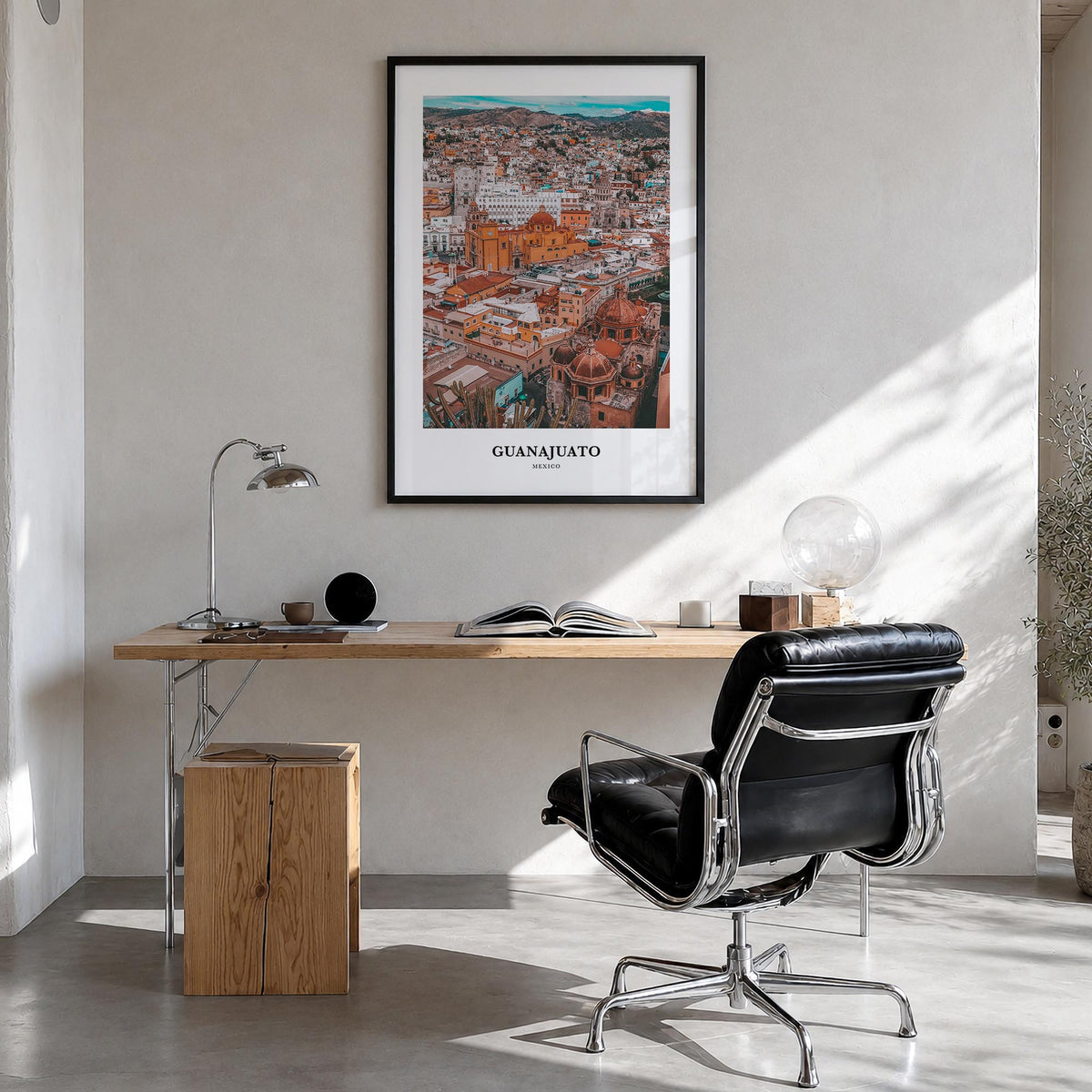 Guanajuato City no. 2 colorful classic poster of Mexico – vertical wall art in black wood frame, hanging on wall