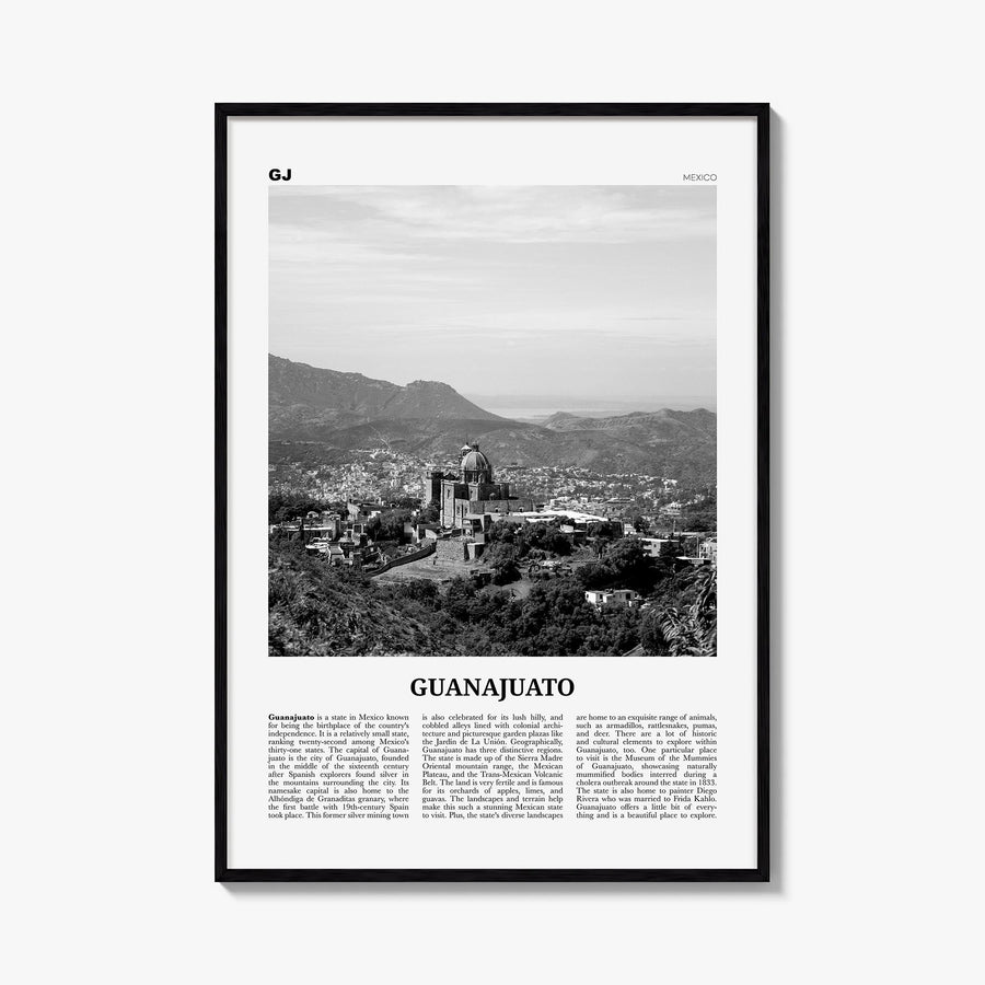Guanajuato (State) black & white newspaper poster of Mexico – vertical wall art, unframed print shown in interior mockup