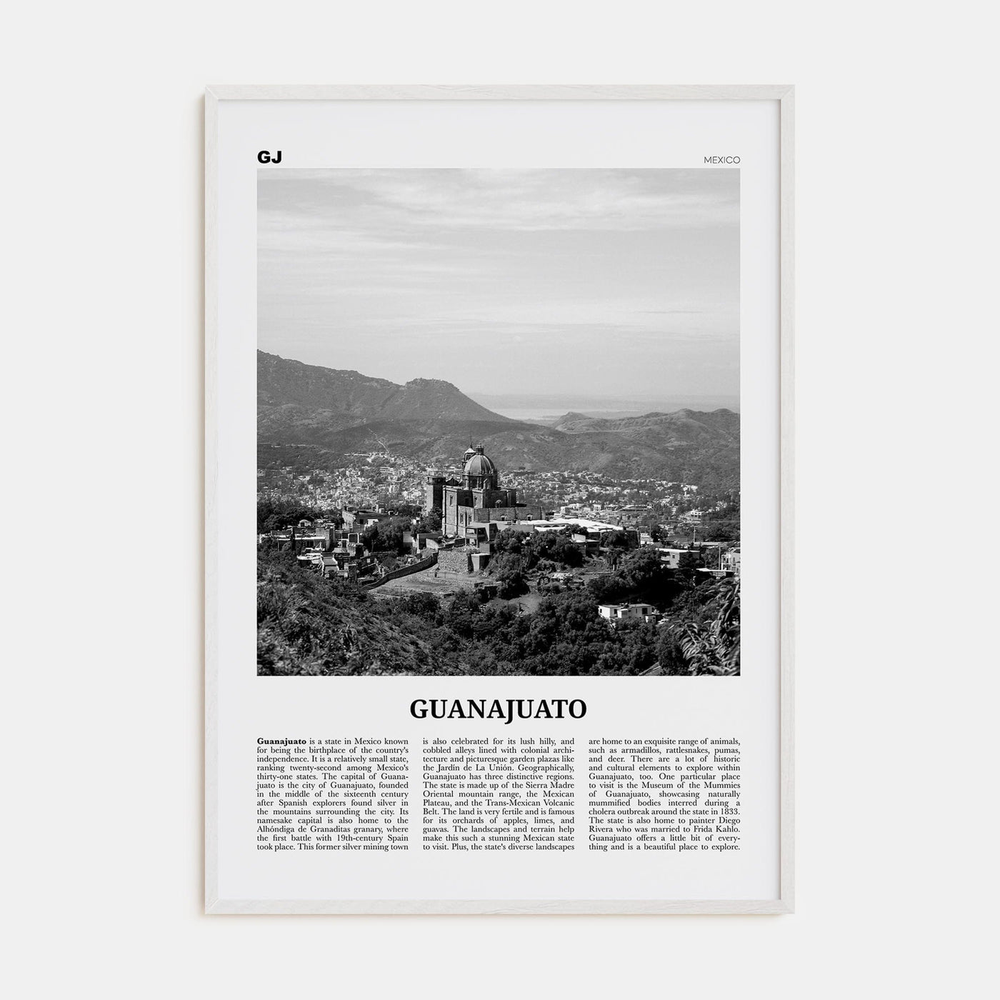 Guanajuato (State) Poster White Wood / 8x12 in Nbourhood Travel B&W Poster