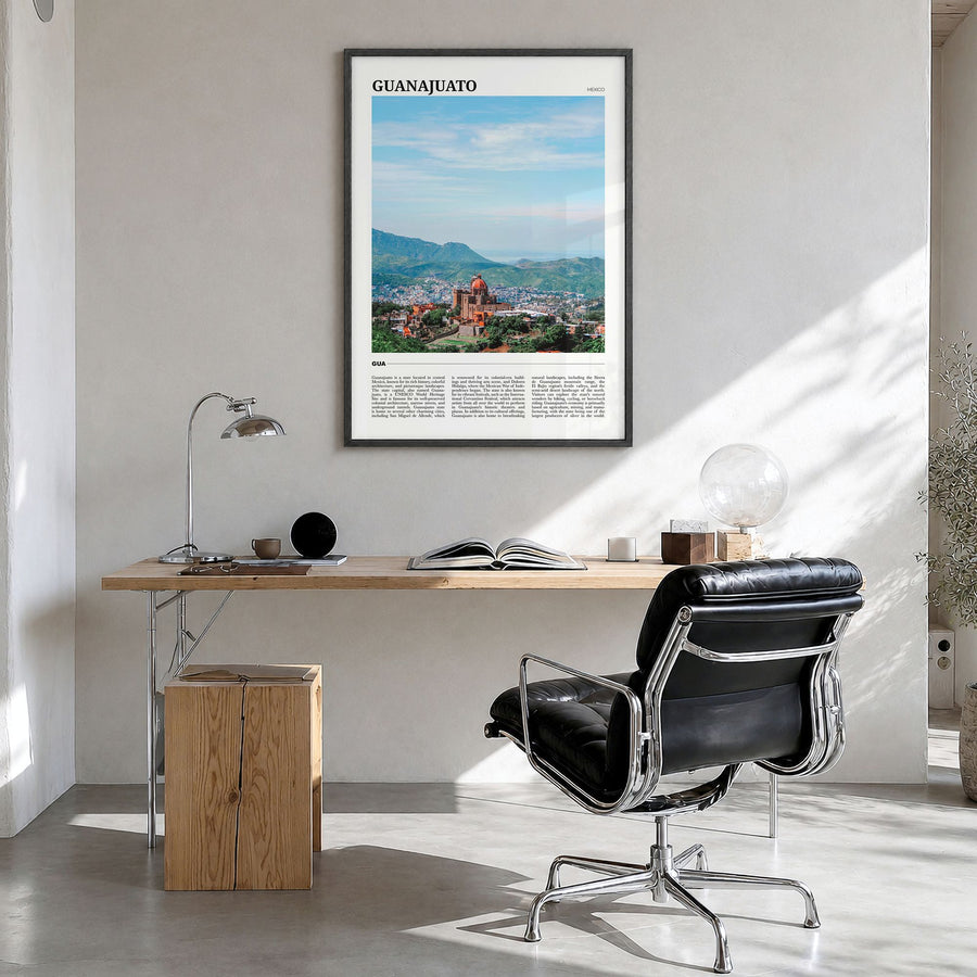 Guanajuato (State) Travel Poster in a black wood frame, hanging in a bright home office