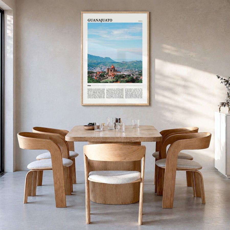 Guanajuato (State) Travel Poster in a natural wood frame, hanging in a dining room