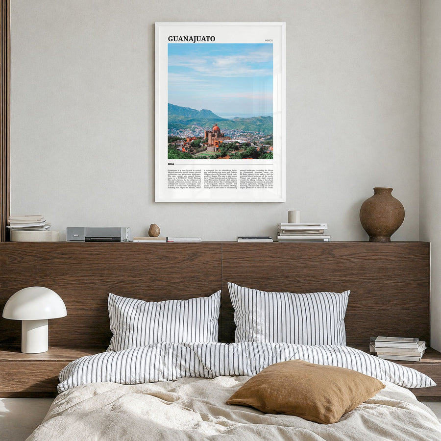 Guanajuato (State) Travel Poster in a white wood frame, hanging in a bedroom