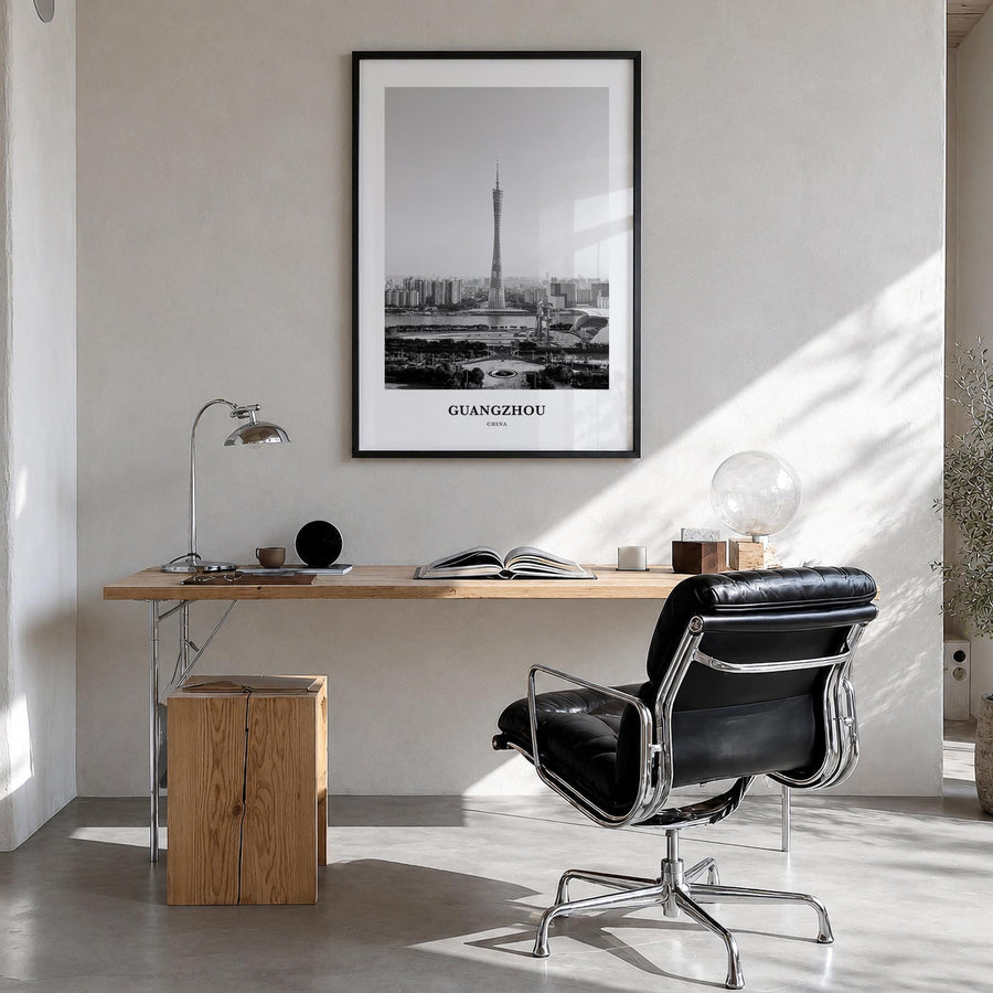 Guangzhou black & white classic poster of China – vertical wall art in black wood frame, hanging on wall