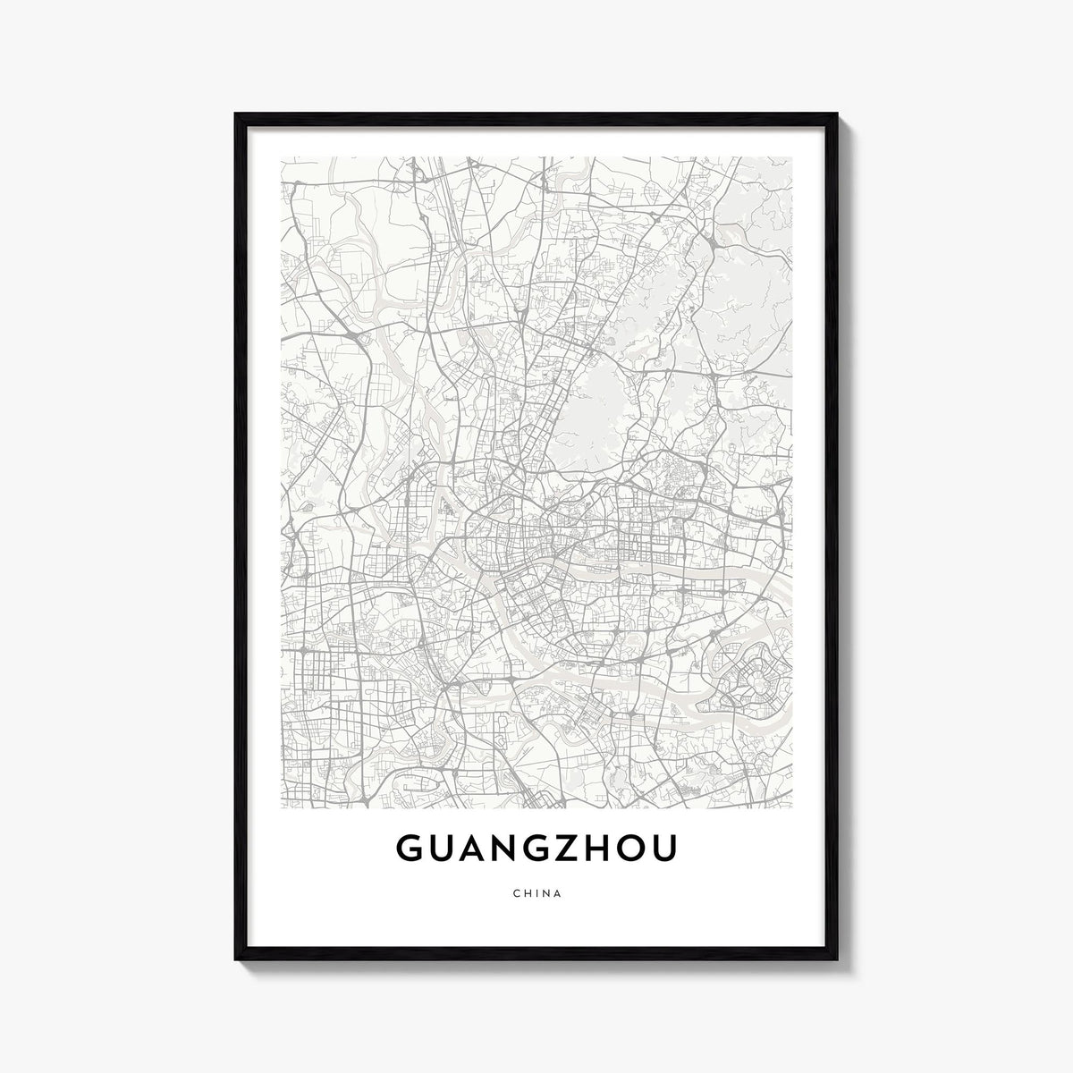Guangzhou black & white map poster of China – vertical wall art, unframed print shown in interior mockup