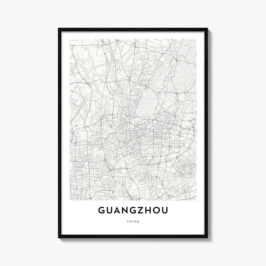 Guangzhou black & white map poster of China – vertical wall art, unframed print shown in interior mockup