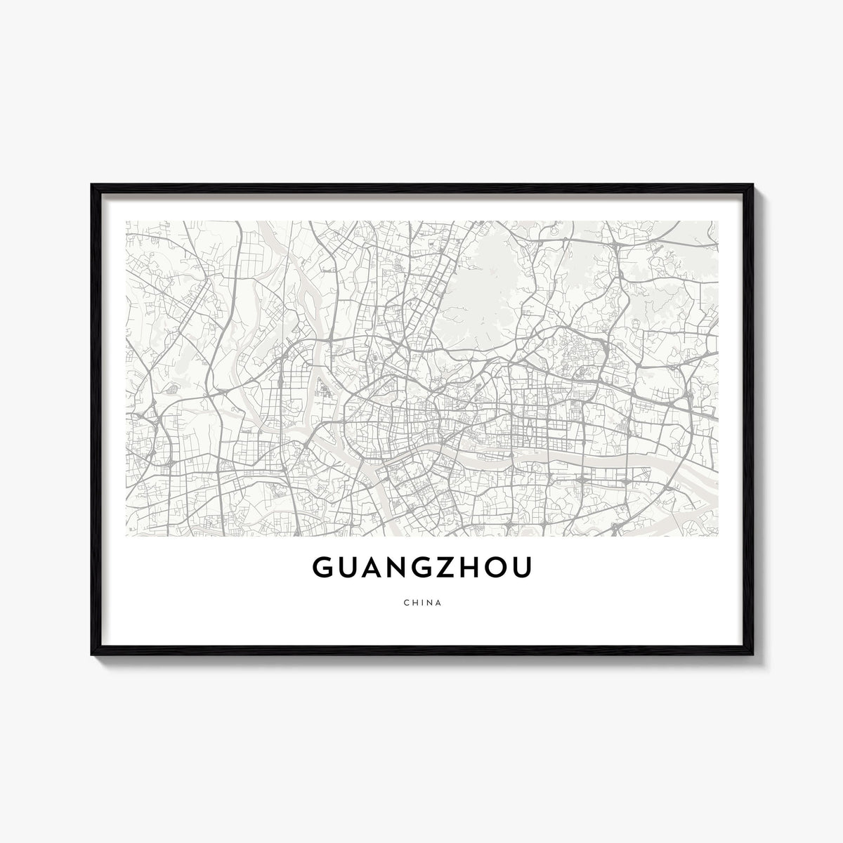 Guangzhou black & white map poster of China – horizontal wall art, unframed print shown in interior mockup