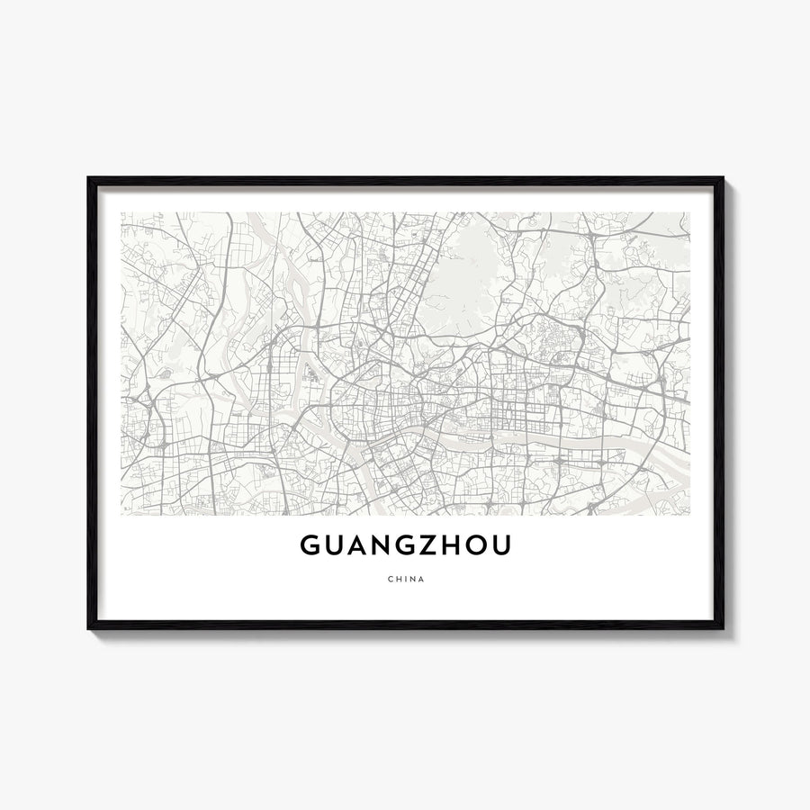 Guangzhou black & white map poster of China – horizontal wall art, unframed print shown in interior mockup
