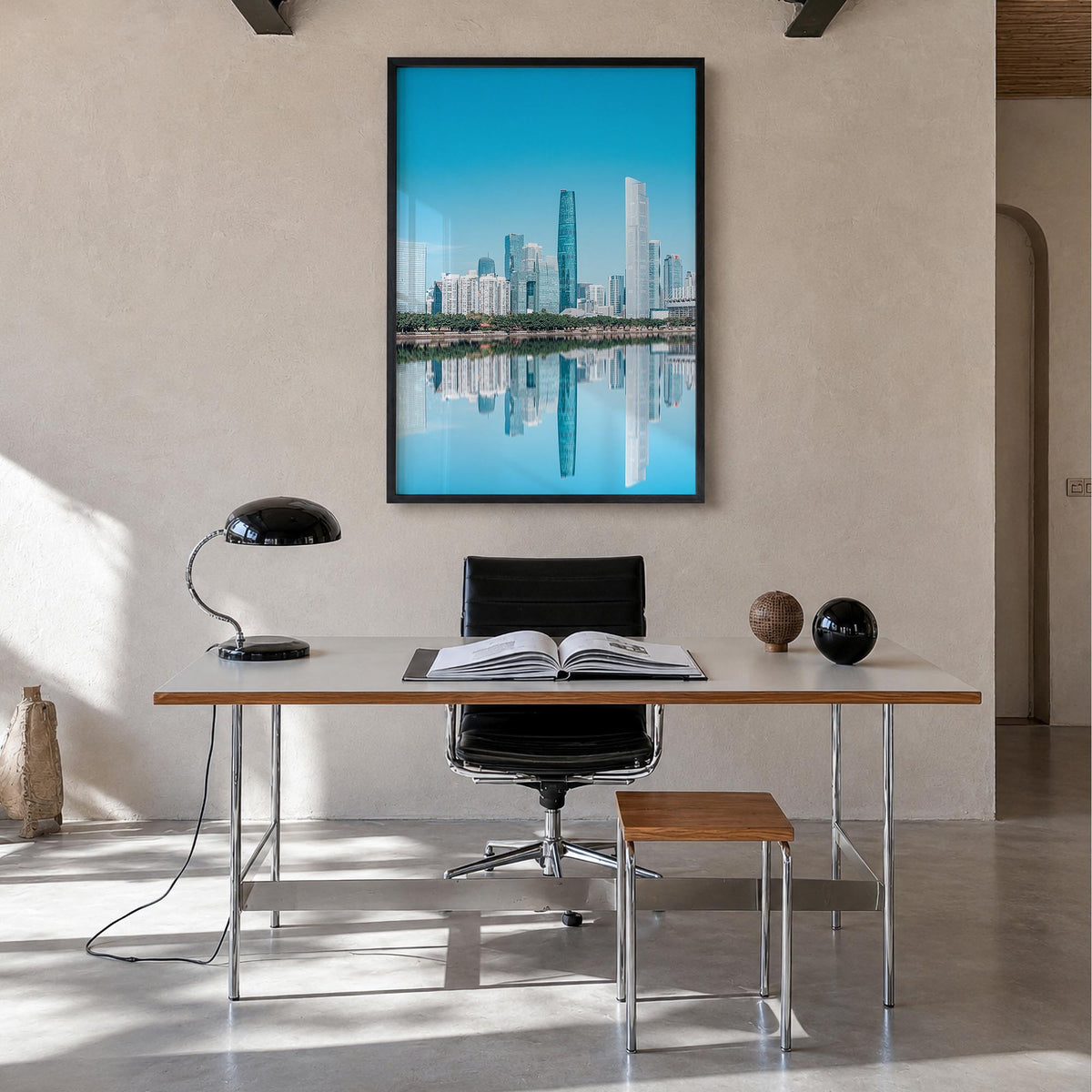 Guangzhou colorful photo poster of China – vertical wall art in black wood frame, hanging on wall