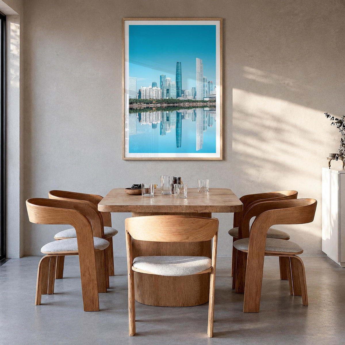 Guangzhou colorful photo poster of China – vertical wall art in natural wood frame with white border, hanging on wall