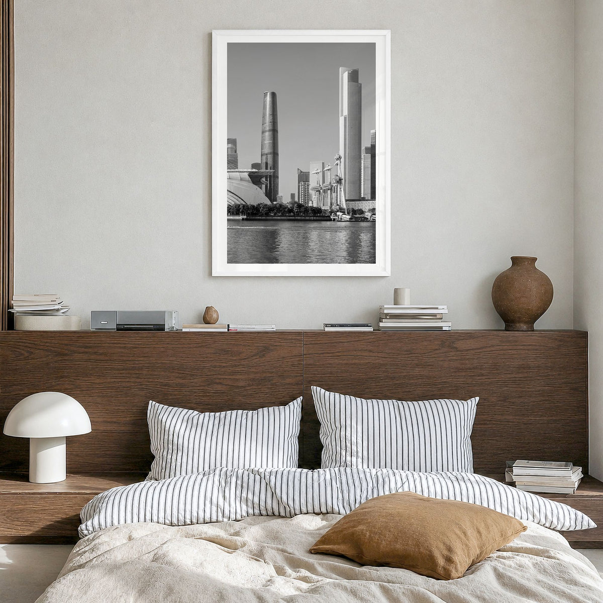 Guangzhou Photo Poster in a white wood frame, hanging in a bedroom, white border