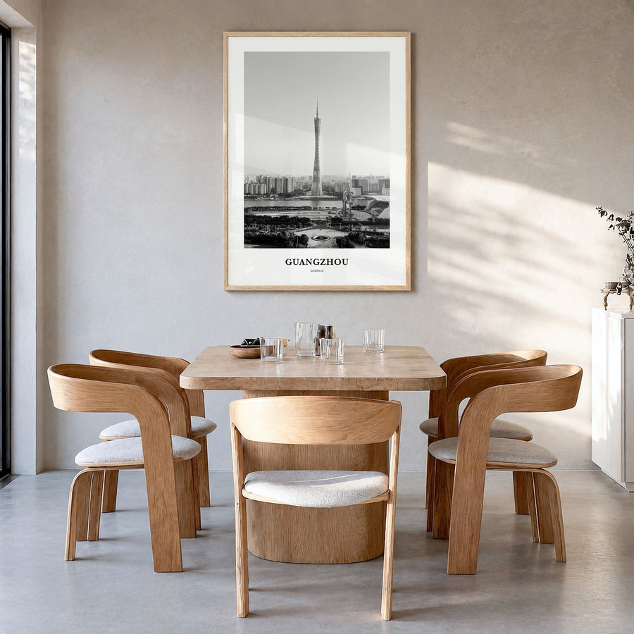 Guangzhou Classic Poster in a natural wood frame, hanging in a dining room