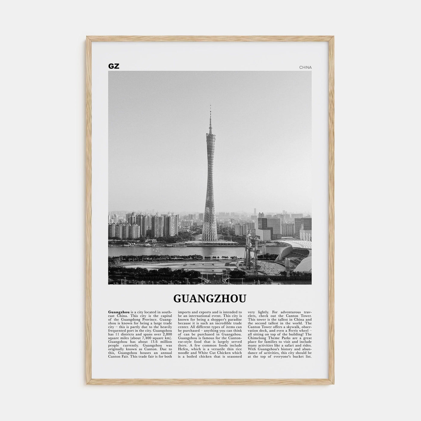 Guangzhou Poster Natural Wood / 8x12 in Nbourhood Travel B&W Poster