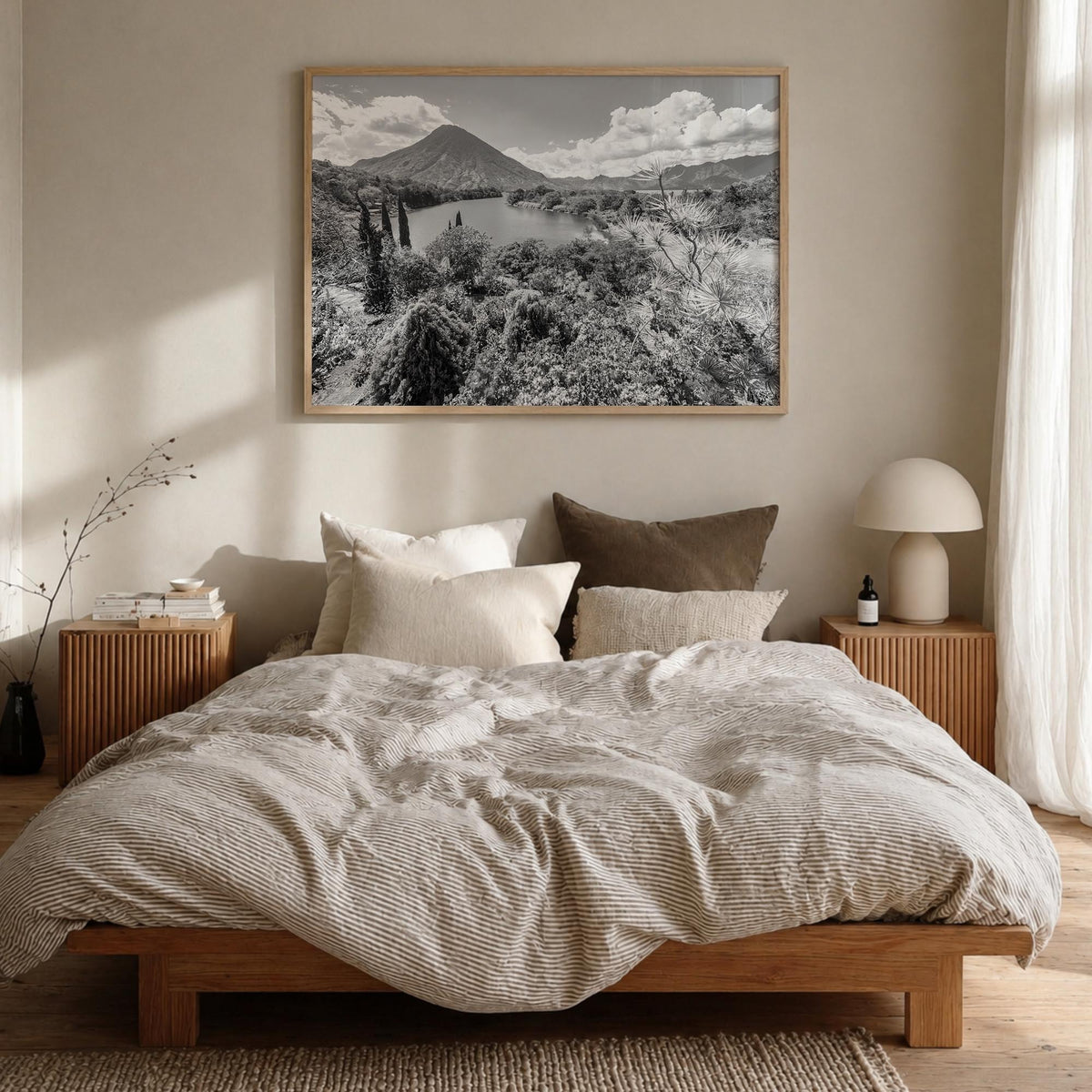 Guatemala black & white photo poster of Central America – horizontal wall art in natural wood frame, hanging on wall