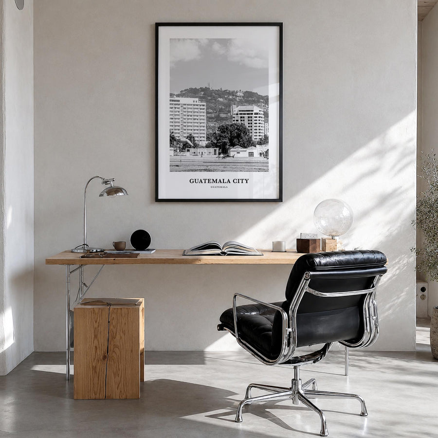 Guatemala City black & white classic poster of Guatemala – vertical wall art in black wood frame, hanging on wall