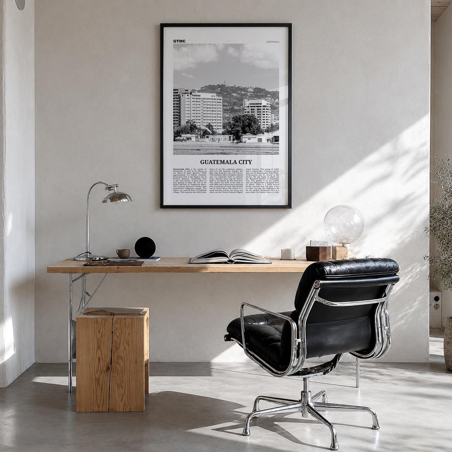 Guatemala City black & white newspaper poster of Guatemala – vertical wall art in black wood frame, hanging on wall