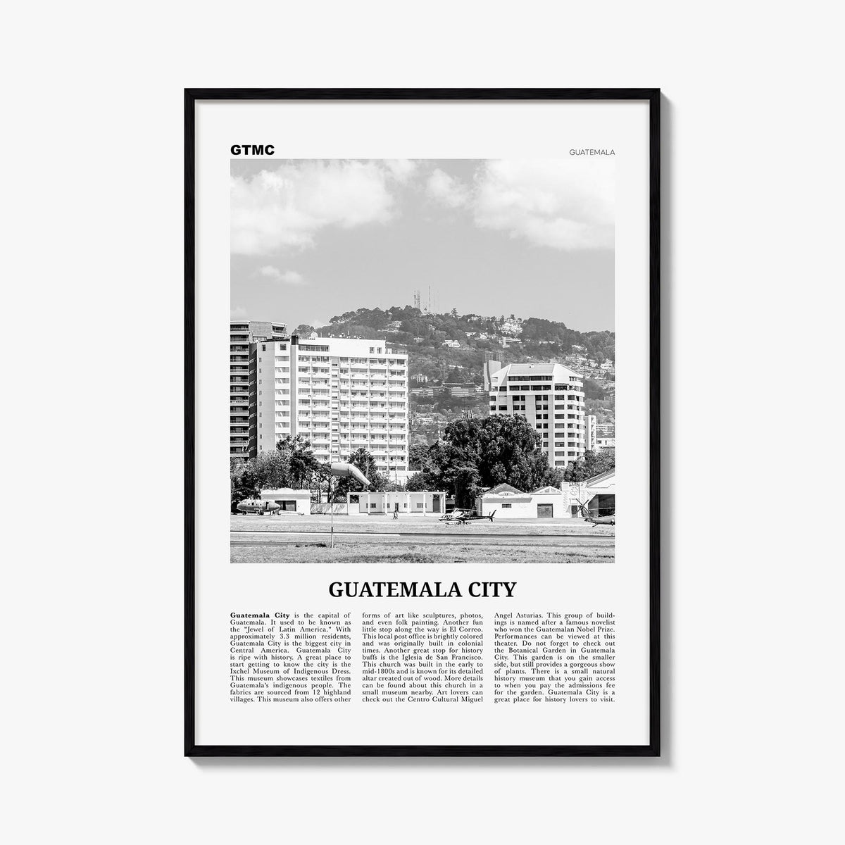 Guatemala City black & white newspaper poster of Guatemala – vertical wall art, unframed print shown in interior mockup