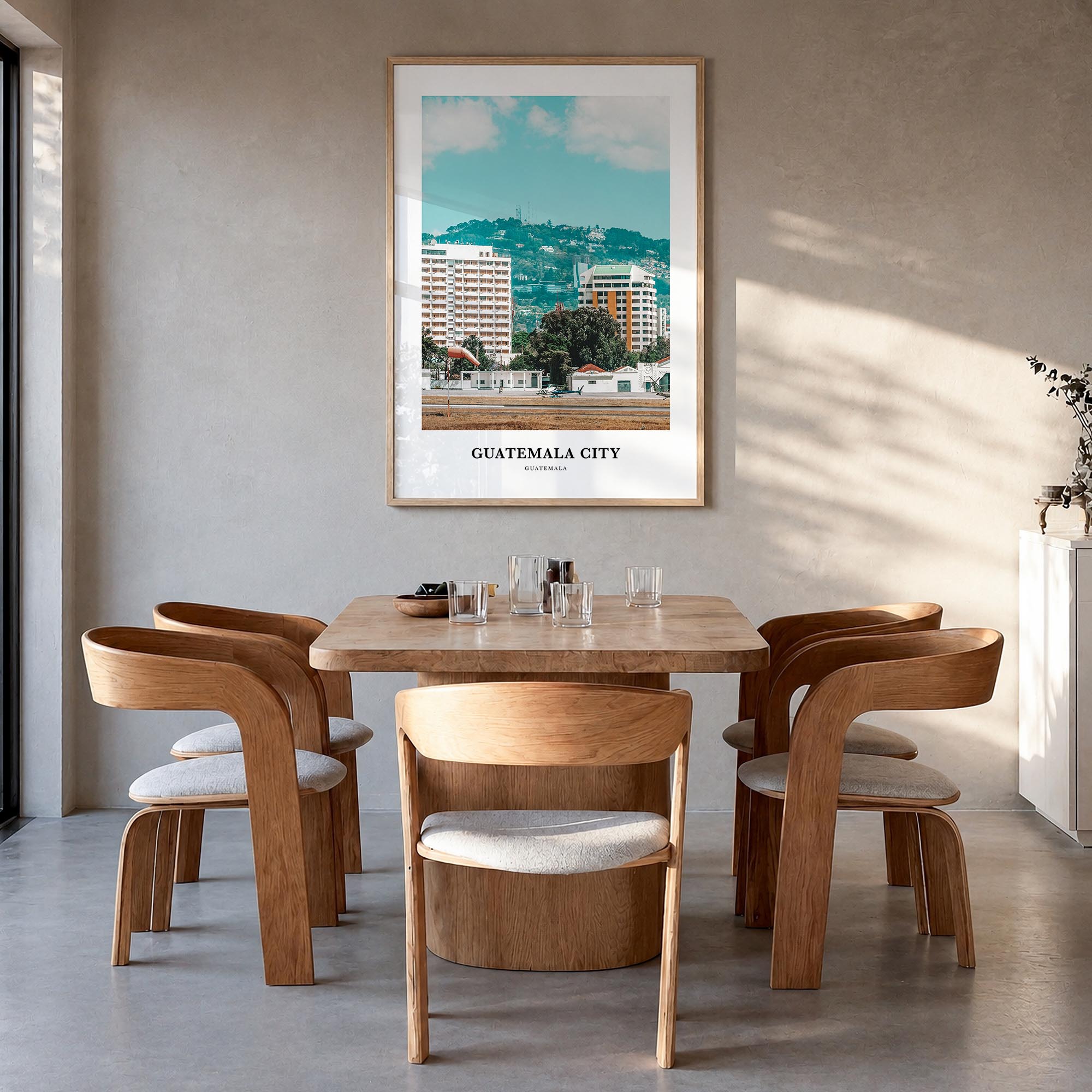 Guatemala City colorful classic poster of Guatemala – vertical wall art in natural wood frame, hanging on wall
