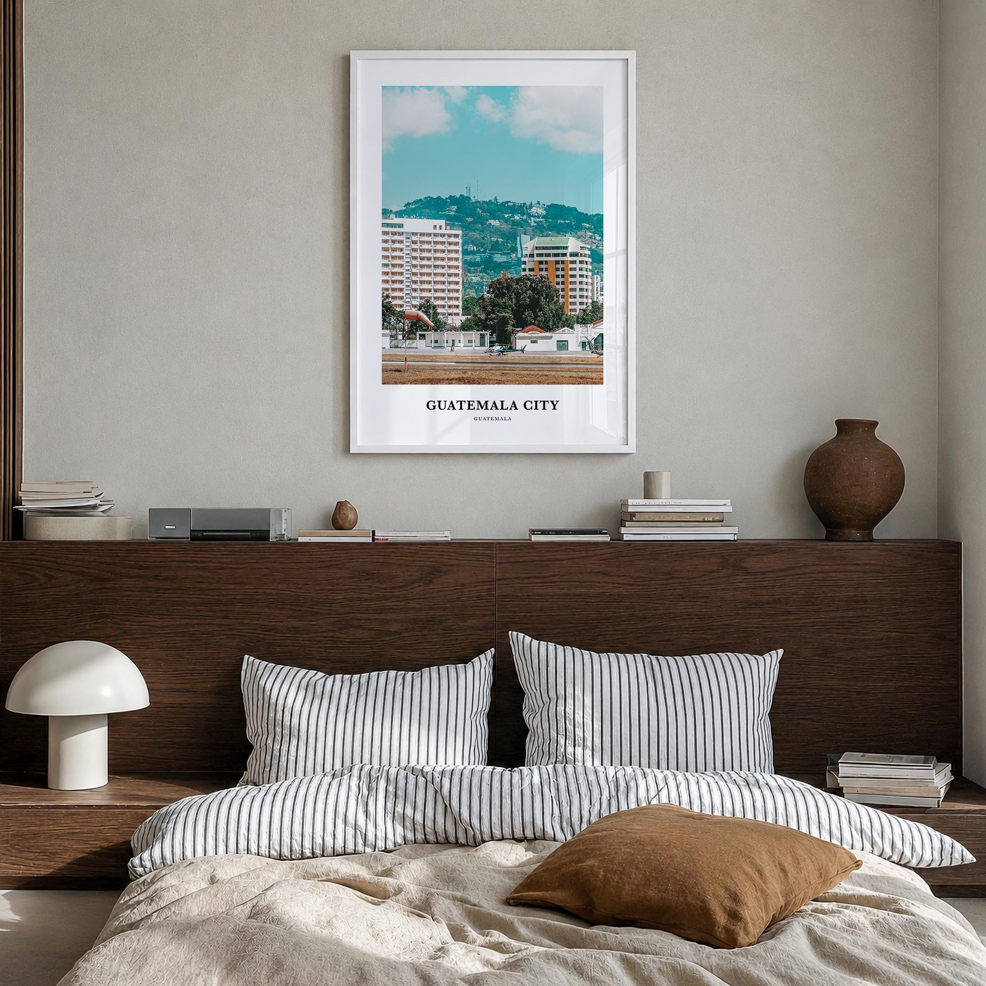 Guatemala City colorful classic poster of Guatemala – vertical wall art in white wood frame, hanging on wall