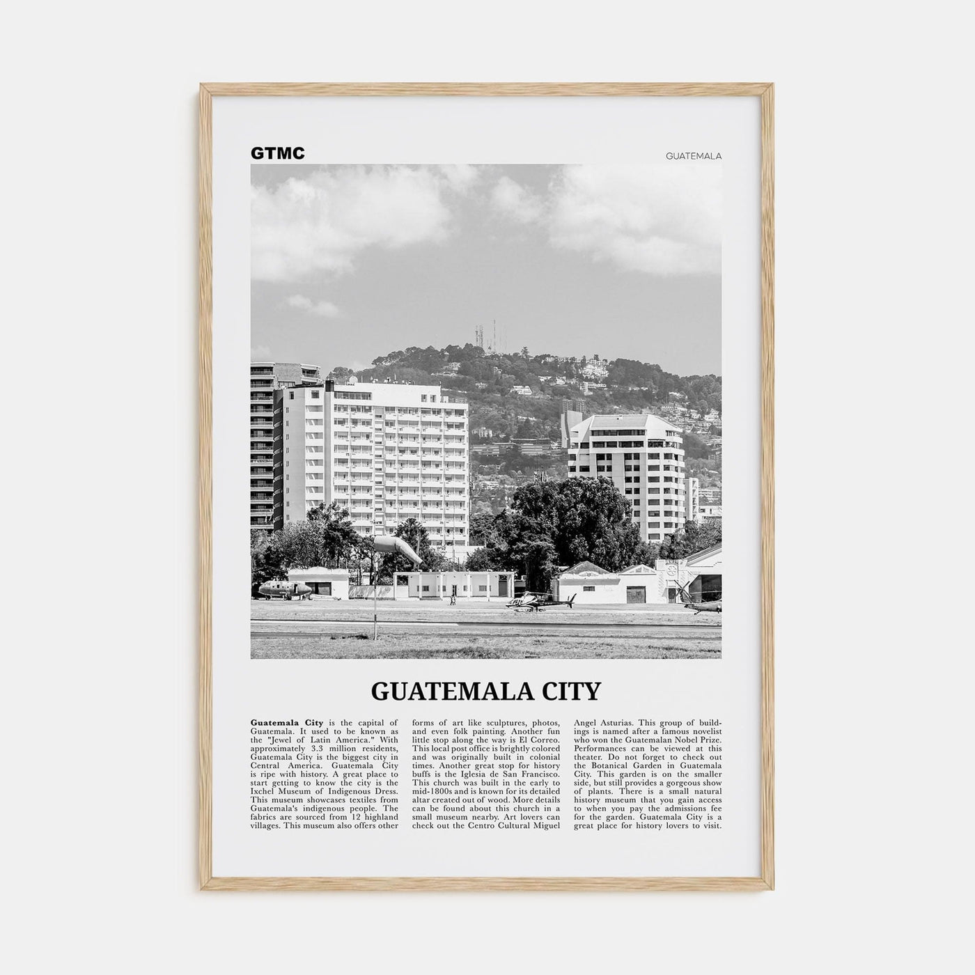 Guatemala City Poster Natural Wood / 8x12 in Nbourhood Travel B&W Poster