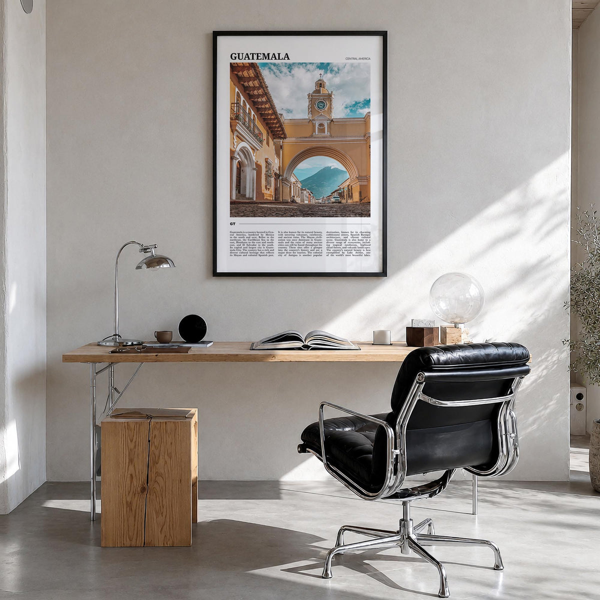 Guatemala colorful travel poster of Central America – vertical wall art in black wood frame, hanging on wall