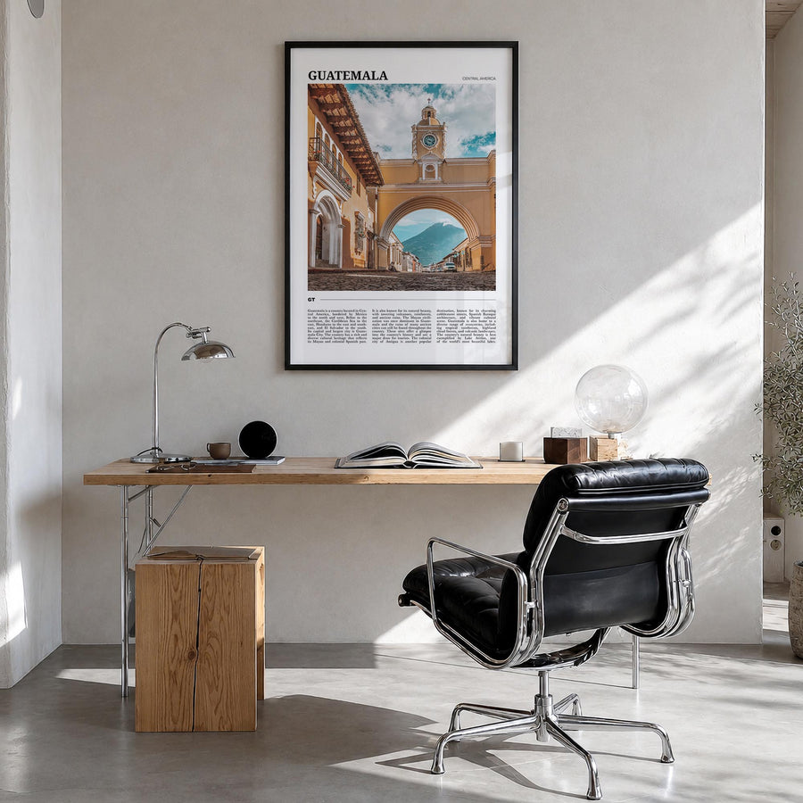 Guatemala colorful travel poster of Central America – vertical wall art in black wood frame, hanging on wall