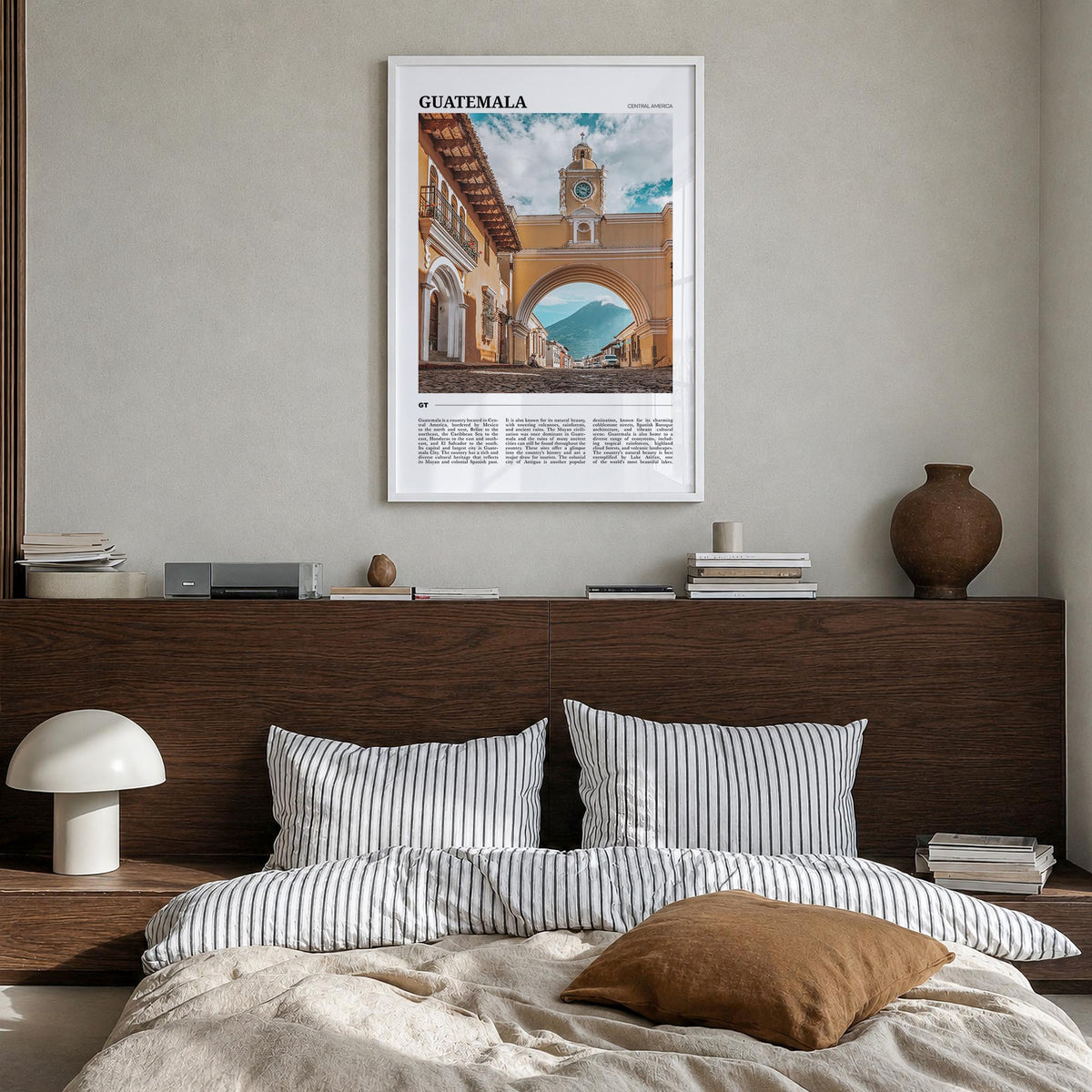 Guatemala colorful travel poster of Central America – vertical wall art in white wood frame, hanging on wall