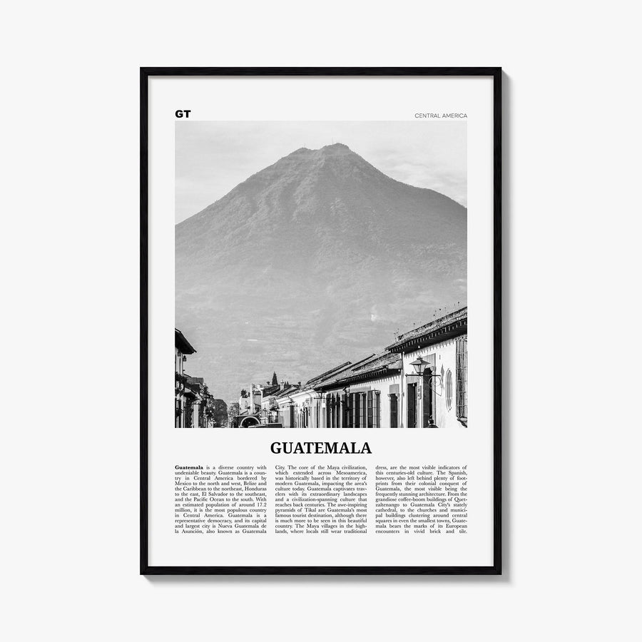 Guatemala no. 1 black & white newspaper poster of Central America – vertical wall art, unframed print shown in interior mocku