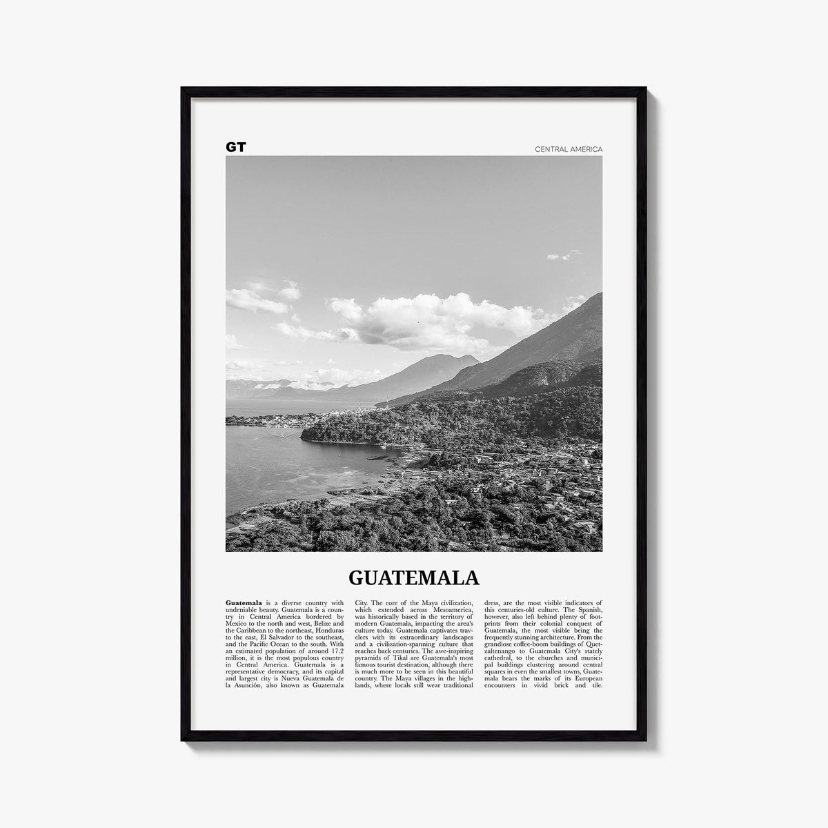 Guatemala no. 2 black & white newspaper poster of Central America – vertical wall art, unframed print shown in interior mocku