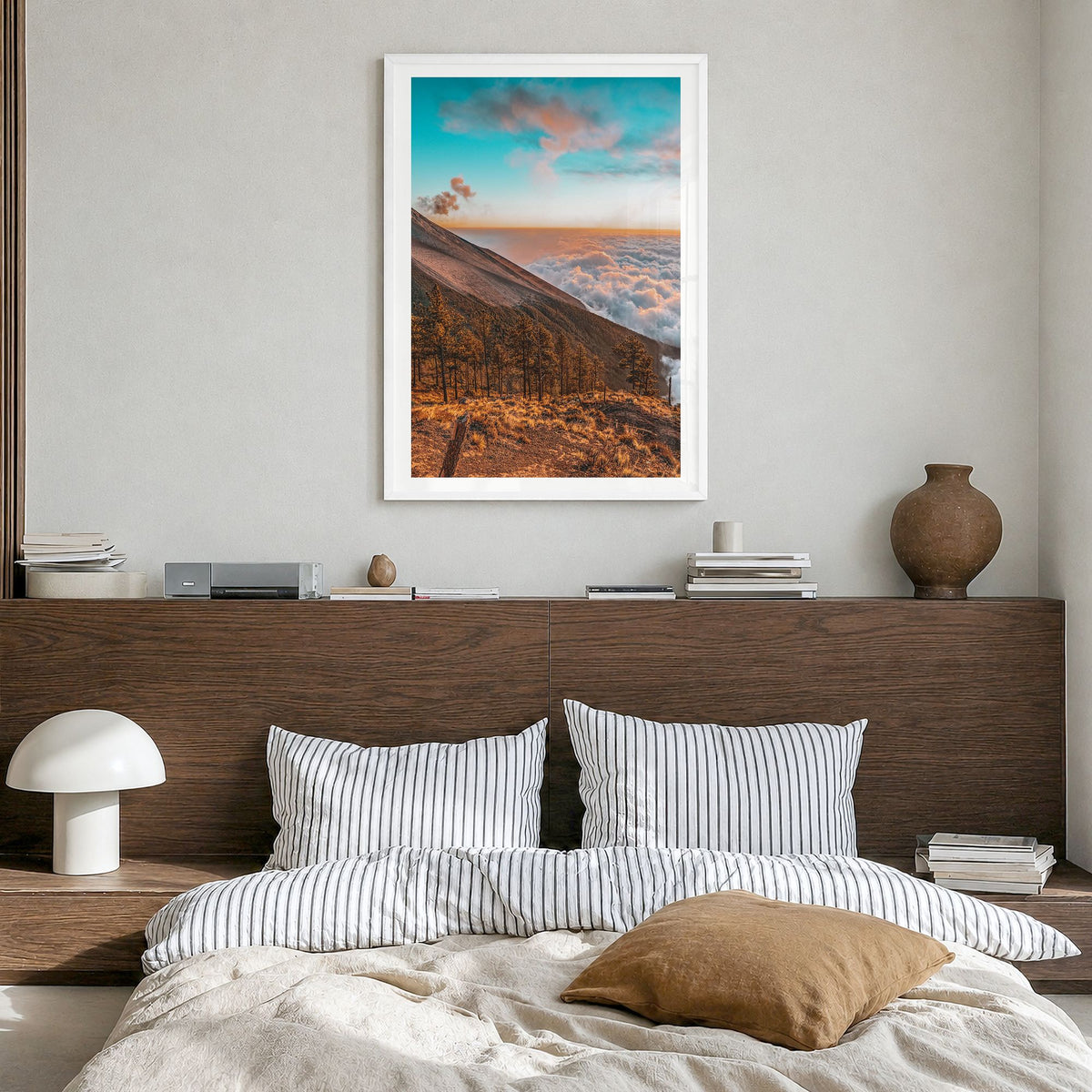 Guatemala Photo Poster in a white wood frame, hanging in a bedroom, white border