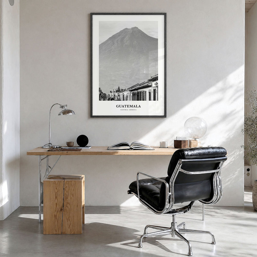 Guatemala Classic No 1 Poster in a black wood frame, hanging in a bright home office