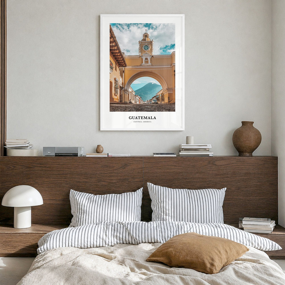 Guatemala Classic Poster in a white wood frame, hanging in a bedroom